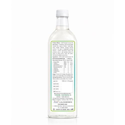 Image of TAMILAMUTHU Pollachi Coconut Oil | Cold Pressed | Multipurpose Use for Cooking, Hair & Skin Care, Massage, Baby Care and Oil Pulling | 1000 ml