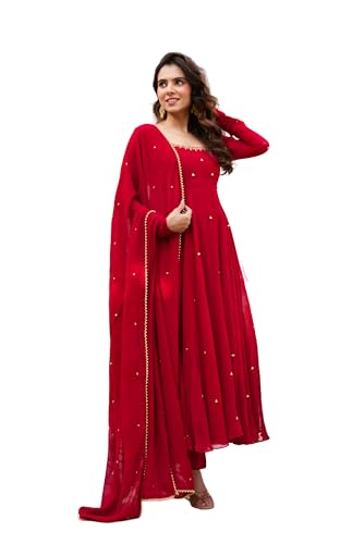 Premium Red Faux Georgette Anarkali Suit Set with Handwork & Real Diamond, 4.5m Flair, Dupatta & Pant – Stitched