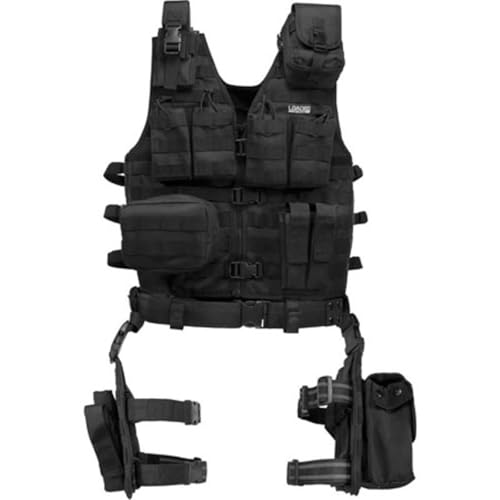 BARSKA Loaded Gear VX-100 Tactical Vest & Leg Platform, One Size, Bundle with Vism Tactical Back Pack, Vism Single Pistol Magazine Pouch, 10x 12x12 Splatter Bullseye Shooting Target Stickers