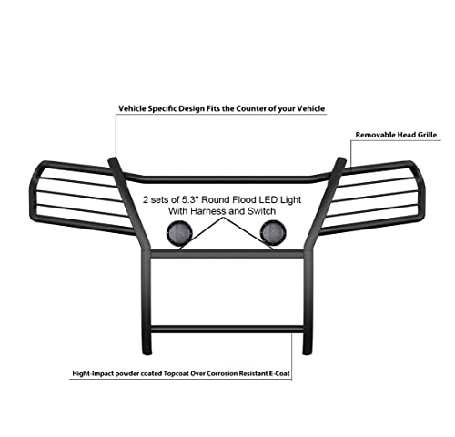 Image of Black Horse Grille brush Bumper Guard Modular Come with Pair of 5.3 inch Dia.LED Lights with Black Trim Rings Compatible with 2016-2019 Honda Ridgeline-17H01MA-PLFB