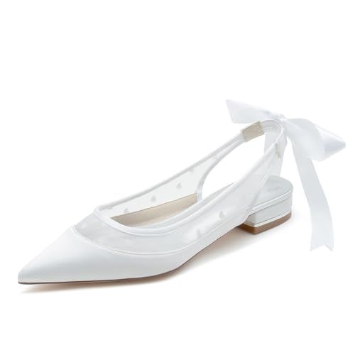 Elegant 2.5cm Women's Wedding Flats Satin Pointed Toe Slingback Slip-on Pumps with Ribbon for Bride, Bridesmaid & Formal Events