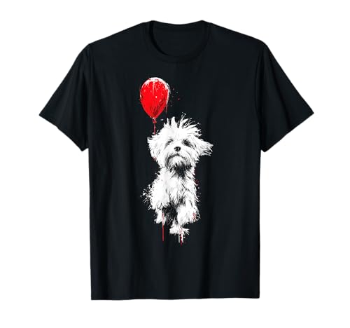 Malteser Hund hält Ballon Tier Zeichnung Motiv Kunstwerk T-Shirt