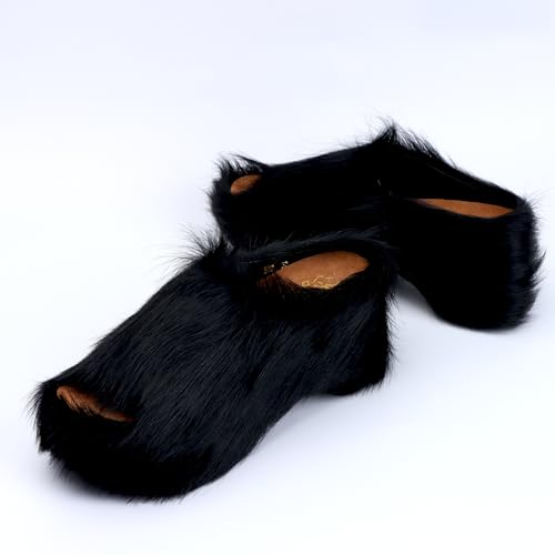 Image of XOBZJH Long-Hair Calfskin Chunky Clog Slide for Women - Memory Foam Luxury Slip on Shoes Women's Mules & Platform Clogs,Designer Mules for Women 2025