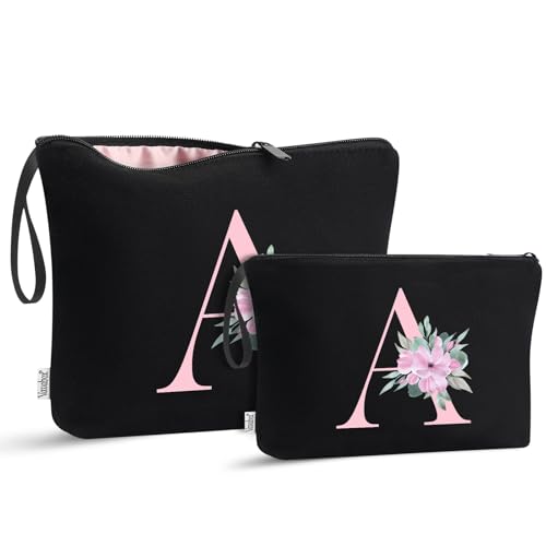 Image of Vavabox A-Z Personalized Makeup Bag, Birthday Gifts for Women Mom, Gifts for Best Friend, Bride Bridesmaid Cosmetic bag (A, 04-Black Set)