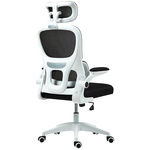 Sedia da Ufficio Ergonomica con Braccioli Ribaltabili e Poggiatesta, Sedia Scrivania Girevole con Altezza Regolabile, Supporto Lombare e Funzione Dondolo in Tessuto in Rete per Studio, Nero