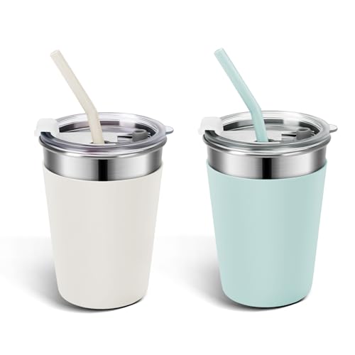 Ymmy Sam 2pcs Stainless Steel Cups with Silicone Straws, 12oz Spill-proof Tumblers Dishwasher Safe Unbreakable Metal Cups with Heat-insulated Sleeves for Cold and Hot Drinks