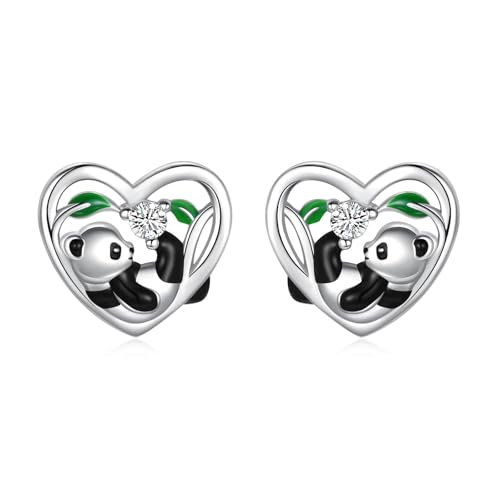 Hypoallergenic Panda Studs Earrings 925 Sterling Silver- Heart Shape Animal Studs Earrings For Panda lovers-Birthday Jewelry Gift For Women Sensitive Ears