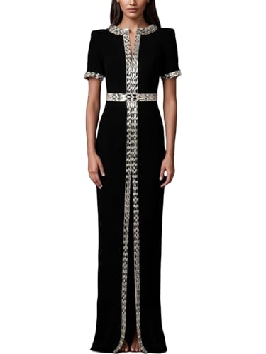 Women's 2025 Designer Party Dress Short Sleeve Luxurious Diamonds Beaded Long Maxi Dresses Elegant Formal Prom Gown
