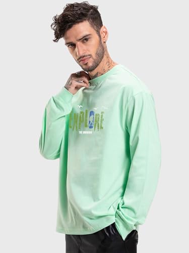 Image of Bewakoof Men's 100% Cotton Graphic Print Oversized Fit Full Sleeve Round Neck T-Shirt | Casual Wear | Street Wear | Oversized t Shirt for Men Cotton | Baggy