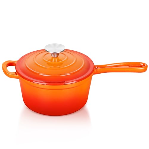 TeamFar Enameled Cast Iron Sauce Pan, 1QT Small Sauce Pot with Lid, Mini Dutch Oven Saucepan for Cooking/Simmering/Baking/Boiling, Sturdy & Nonstick, Oven Safe & Fit for Induction- Orange