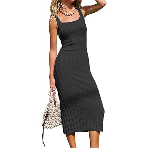 Vestido Midi Ajustado de Punto Acanalado Sexy de Verano para Mujer, Vestido Playero Y2K sin Mangas, elástico y con Cuello Halter (Black,S)
