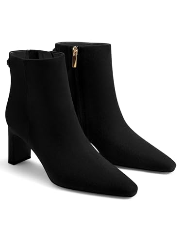 Coutgo Womens Ankle Boots Chunky Heel Closed Pointed Toe Booties Side Zipper Winter Dress Shoes