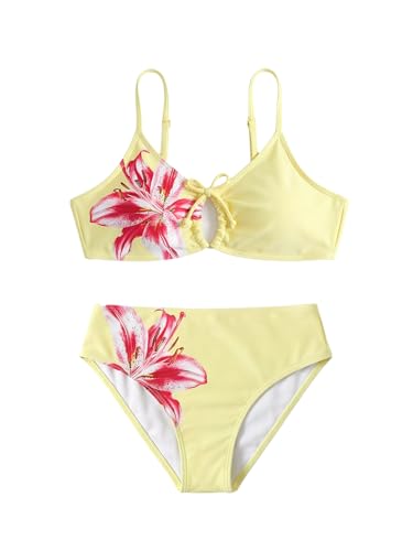 Image of COZYEASE Girls' 2 Piece Ditsy Floral Print Knot Front Ruched Triangle Bikini Swimsuit