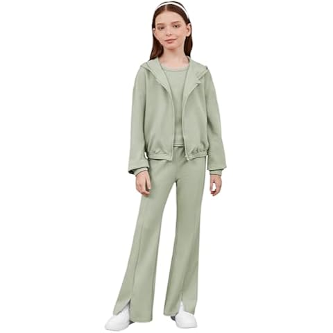 Floerns Girls Long Sleeve Hoodie Tank Split Flare Pants Set Three Piece Outfit A Green 10Y Cover