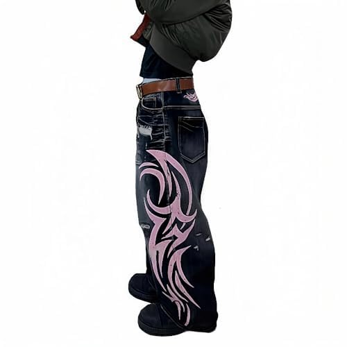 Xojbzoo Unisex Y2K Streetwear Baggy Jeans Retro Totem Print Goth
