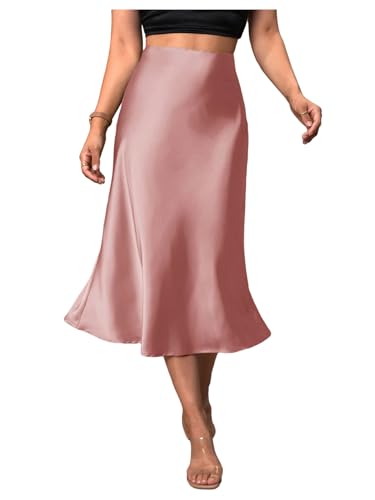 SweatyRocks Women's Satin High Waist Skirt Elegant Flared A Line Midi Skirt