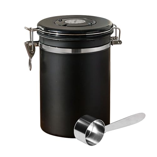 Joywoof Airtight Stainless Steel Coffee Canister 1.8L Coffee Bean Storage Container with Date Tracker and Scoop for Coffee Beans Grounds Tea Flour Cereal Sugar Large (Black)