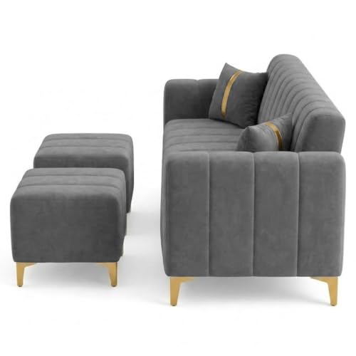 Image of FURNY Harmony 5 Seater L Shape Sofa Set with 2 Movable Ottoman & Golden Legs | Flexible Left or Right Layout | Plush Velvet Fabric (Dark Grey) | Perfect for Living Room, Guest Room, Office