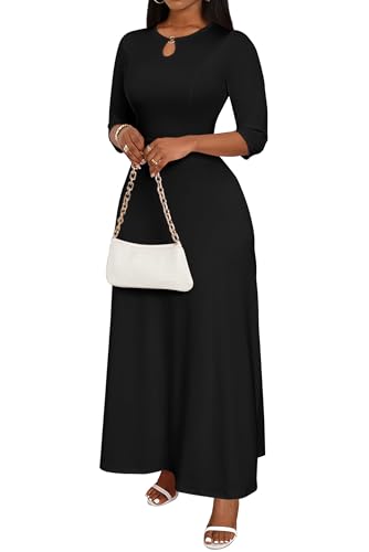 Image of FANDEE Women's Maxi Dress Casual Boho Plain Long Dresses 3 /4 Sleeve with Pockets