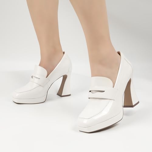 JENN ARDOR Women's Platform Loafer Heels Square Closed Toe Chunky Block High Penny Loafers Pumps Elegant Comfort Casual Slip On Wedding Dress Shoes4
