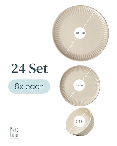 Image of Stoneware Dinnerware Set for 8 People HYGGE 24-Piece - Elegant Scandi Design - Premium Dish Set - Bowl and Plate Set - Tableware for 8 People in a Ribbed Design - Pure Living in Light Brown