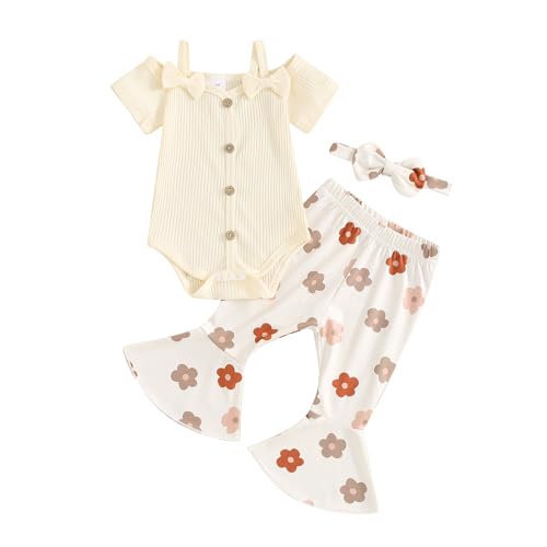 Image of fhutpw Newborn Baby Girl Clothes Infant Rib Frill Long Sleeve Romper Flared Pants Headband Set 3pcs Fall Winter Outfits