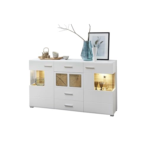 Stella Trading Fun Plus Sideboard weiss mit schönen Hirnholz-Applikationen - Moderne Kommode inkl. LED Beleuchtung - 170 x 94 x 42 cm (B/H/T)