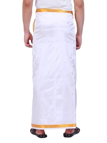 Image of PRAKASAM COTTON Double Layer 8 Mulam Velcro Pocket Dhoti for men | Mundu with Golden Jari Border, Readymade Dhoti for men, Silk Look, South Indian Veshti