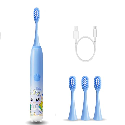 Image of Obvie Sonic Electric Kids Toothbrush with 5 Brushing Modes, IPX7 Waterproof, Soft Nylon Bristles, Rechargeable Battery last up to 30 Days, Type-C Electric Power Tooth Brush, 3 Heads (Blue)