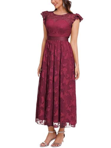Image of Women's Casual Tulle Midi Dress Ruffle Sleeve Crewneck Lace Flowy Dresses Party Wedding Guest Sundress