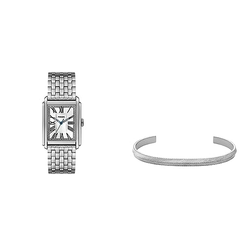 Fossil Herrenuhr Carraway und Harlow Manschettenarmband - Dreizeigerwerk, Edelstahluhr und Edelstahlarmband mit linearer Textur