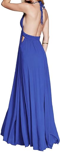 Image of R.Vivimos Boho Maxi Dresses for Women 2026 Summer Sleeveless Halter Elastic Waist Sexy Backless Front Slit Flowy Long Dresses