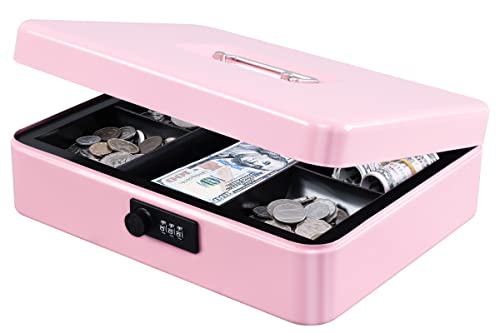 Image of KYODOLED Metal Cash Box with Combination Lock Money Box for Cash Safe Metal Box with Money Tray for Security Lock Box 11.81 inchx 9.45 inchx 3.54 inch Pink X Large