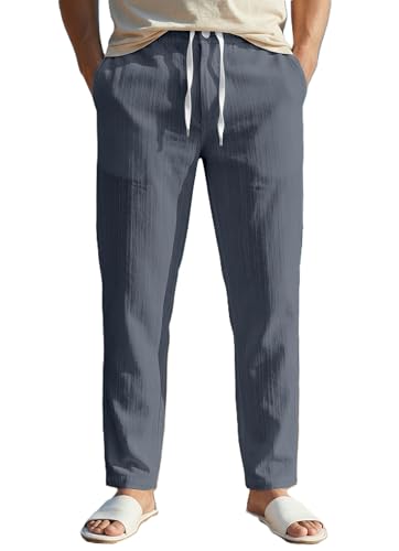 Image of Men's Linen Drawstring Pants, Casual Beach Trousers, Lightweight Breathable