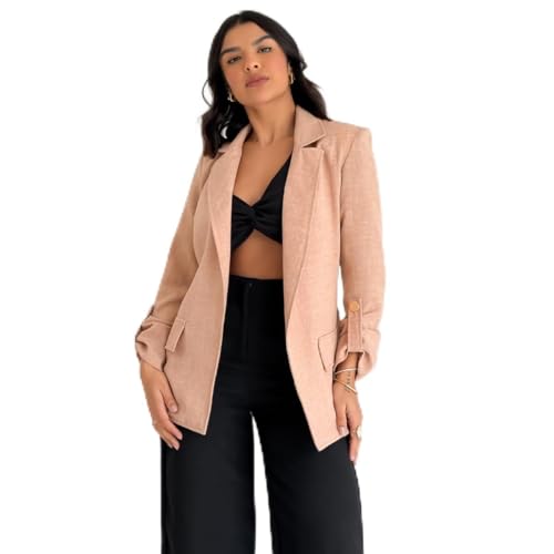 Blazer Mariah em Linho Tecido Suave Com Bolso Falso Forrado Manga Longa Moda Lunii (BR, Alfa, G, Regular, Regular, Bege)