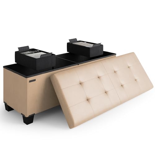 Storage Ottoman Bench with Bins, 43-in Storage Bench for Bedroom End of Bed, Folding Foot Rest Ottoman for Living Room Max 660lbs, Leather Ottomans, Taupe by STORAGEBUD - Used condition - US$46.86