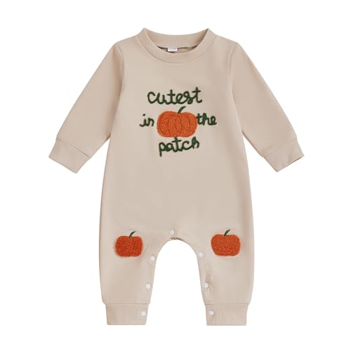 Lamuusaa Newborn Baby Girl Boy Halloween Outfit Cutest Pumpkin In the Patch Romper Pumpkin Bodysuit Jumpsuit Fall Outfit (Apricot, 3-6 Months)