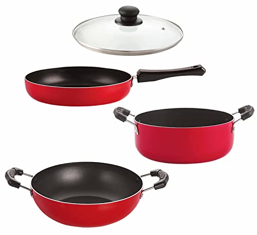 Image of Nirlon Nonstick Aluminium 3 Layer Healthy Coating Kitchenware Set for Kitchen -4 Pieces (Fry Pan|Kadhai|Casserole|1 Glass Lid)-32mm FP11 KD12 CS13 1GLID
