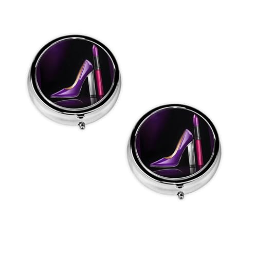 Runde Pillendose mit 3 Fächern, elegante violette High Heels mit Lippenstift, tragbarer Pillendose, Vitamin-Behälter, Reiseutensilien, 4,6 x 4,6 x 1,8 cm