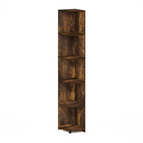 Image of Furinno ECON Corner Shelf, 5-Tier Corner Book Shelf, Storage Shelves, Display Rack, Bookshelf, for Organization and Storage, Living Room, Home Office, Amber Pine
