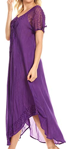 Image of Sakkas Egan Long Embroidered Caftan Dress /Cover Up with Embroidered Cap Sleeves