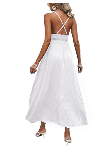 Image of Milumia Women's Summer V Neck Backless Maxi Dress Boho Spaghetti Strap A Line Flowy Beach Long Sundress