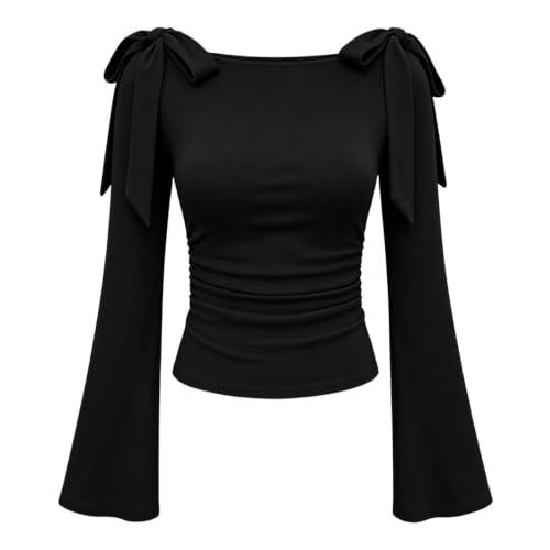 Fall Tops for Women 2026,Fall Tops for Women Elegant Bell Long Sleeve Slim Fit Shirts 2026 Trendy Y2K Casual Going Out Date Night Blouses,01-Black,L - image 3