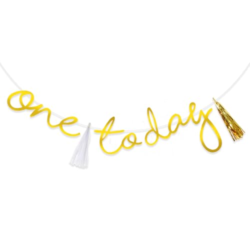 Image of Rozi Decoration One Today Cursive Golden Hanging Banner with Golden & White Tassel Garland for First Birthday Decoration