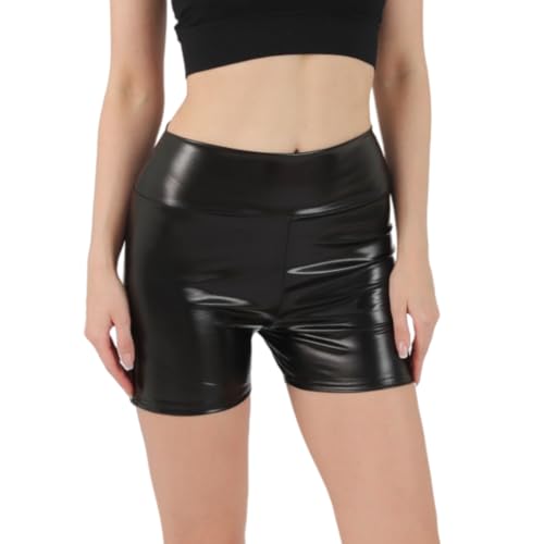 SamHeng Cortos metálicos brillantes para mujer pantalones de cuero PU pantalones cortos de cintura alta aspecto húmedo baile Rave pantalones calientes ropa de calle para fiesta y discoteca(Negro/M)