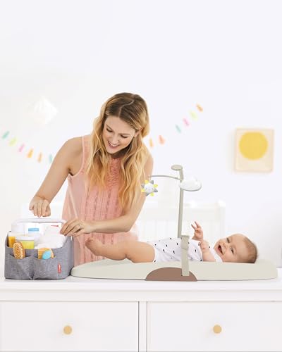 Skip Hop Baby Changing Pad Nursery Style Wipe-Clean Contoured with Cushioned Foam, Non-Skid Base, Built-in Safety Belt & Tuck-Away Toy Bar Fits Standard Changing Tables, Oat