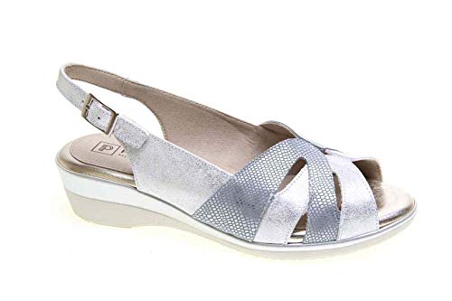 Sandalia en Piel cuña de 4 cm Tira Talon con Hebilla (Plata,...