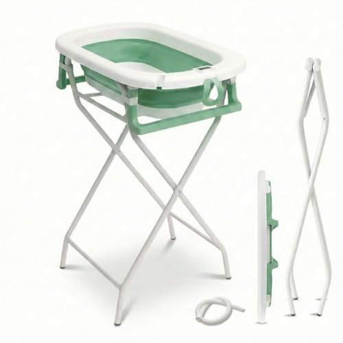 BAÑERA PLEGABLE PARA BEBÉ | Diseño Portátil y Plegable | Recién Nacido | Con Termómetro + Patas Antideslizantes + Tapón de Desagüe (Verde Soporte)