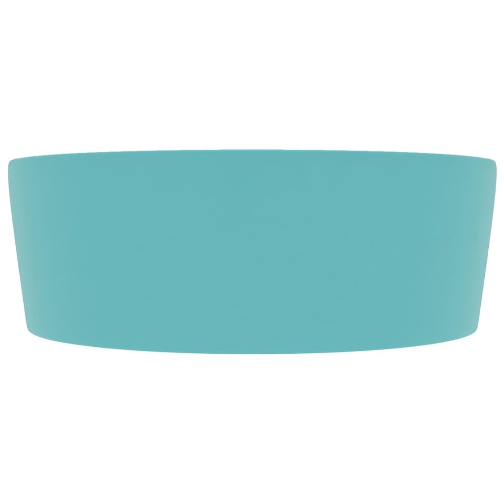 Okrągła umywalka ceramiczna z przelewem 36 x 13 cm | Matowy jasnozielony, otwór na kran, odpływ 4,5 cm, do konsoli łazienkowej