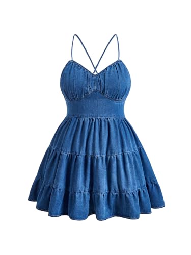 SweatyRocks Women's Plus Size Denim Dress Sleeveless Lace Up Backless Flared Ruffle Jean Dress